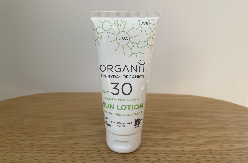 Organic Everyday Organics SPF 30 sun lotion in a white bottle with a black cap.