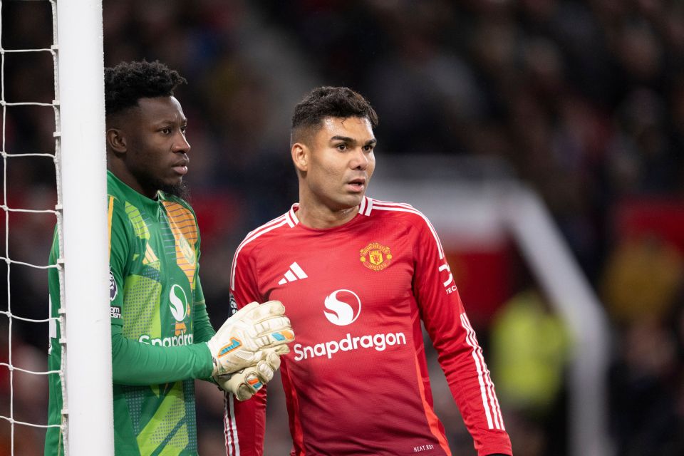 Casemiro and André Onana of Manchester United during a Premier League match.