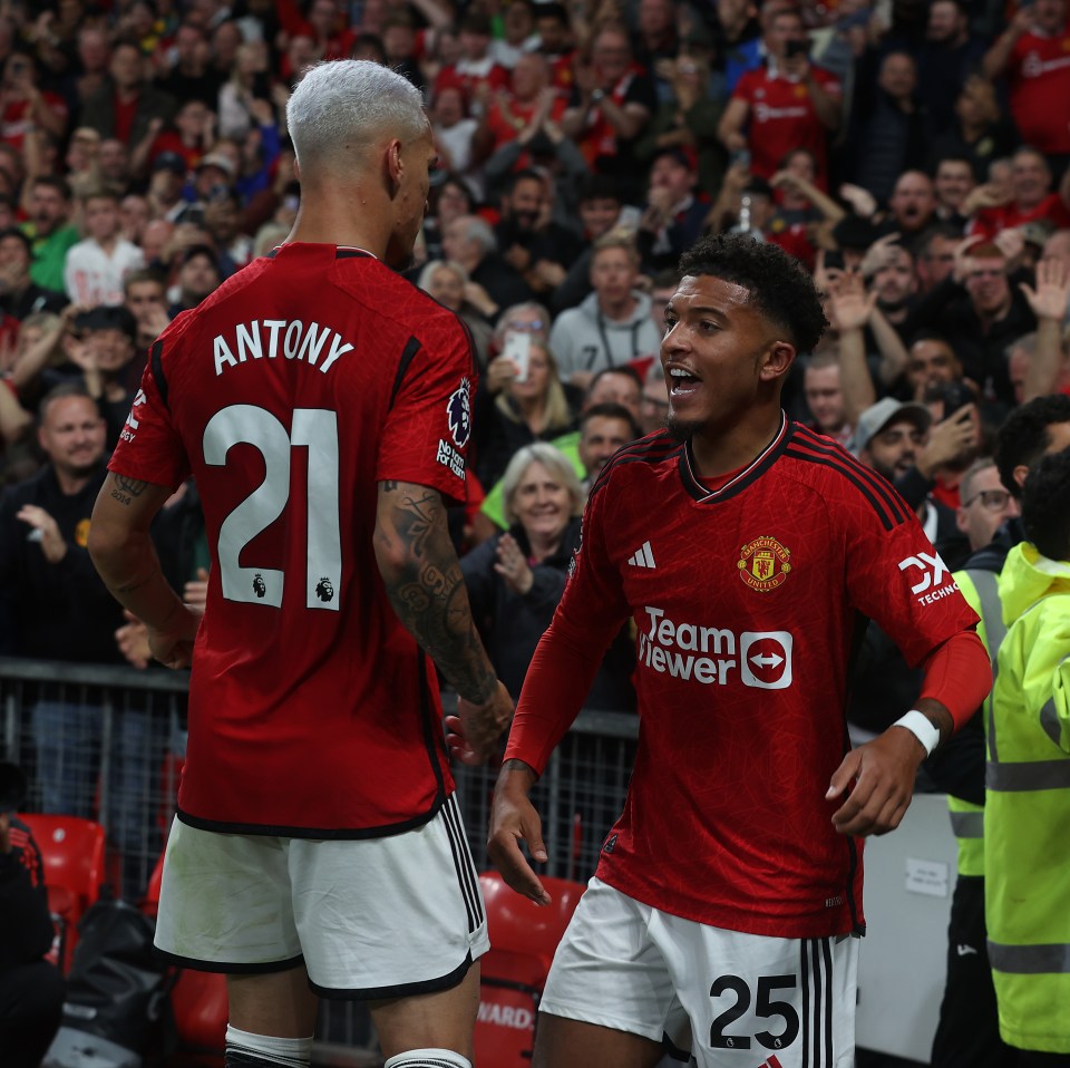 Manchester United's Antony and Sancho celebrating a goal.