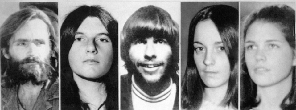  Murderers Charles Manson, left, with Patricia Krenwinkle, second left, Susan Atkins, second from right, Leslie Van Houten, right. and centre Manson'r chief lieutenant Charles "Tex" Watson centre.