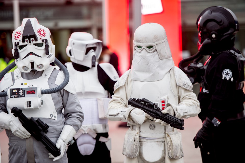 A Cosplayer poses as a snowtrooper from Star Wars