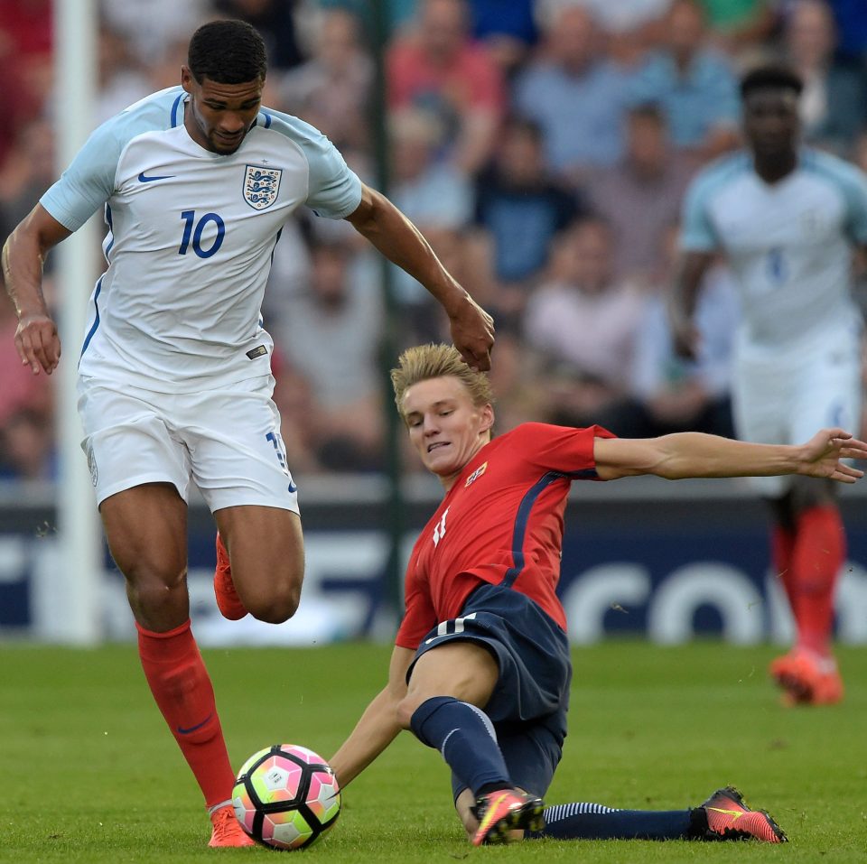 Norway's Martin Odegaard in Under 21s action against England