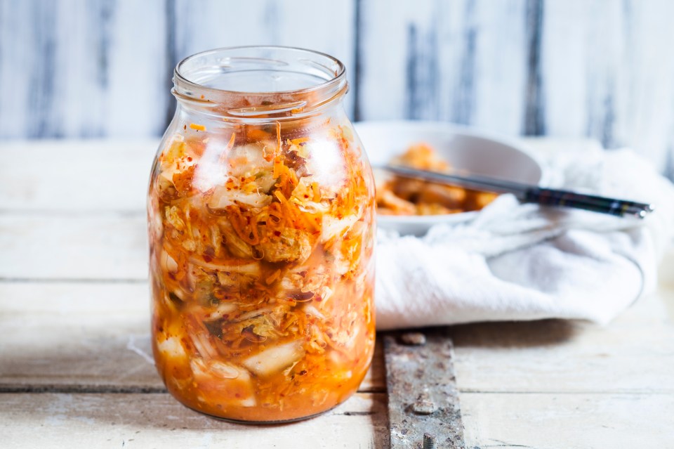 Jar of homemade kimchi.