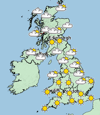  Balmy sunshine will cover southern parts of Britain on Wednesday evening, with some cloud further north