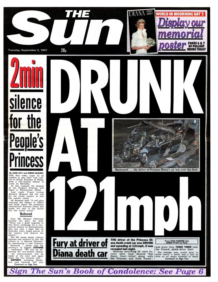Sun front page revealing Henri Paul was three times over the French drink-drive limit