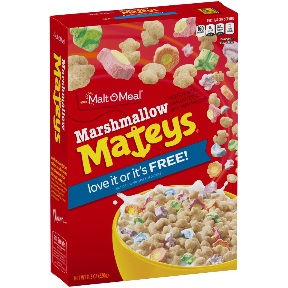 Malt O Meal Marshmallow Mateys contains 12g of sugar per serving – equivalent to three teaspoons of sugar or eating five and a half digestive biscuits