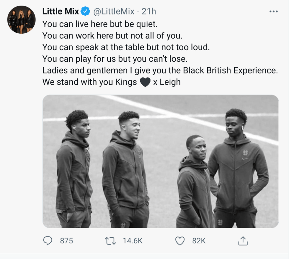 Leigh-Anne tweeted this message from Little Mix's account following England's loss on Sunday