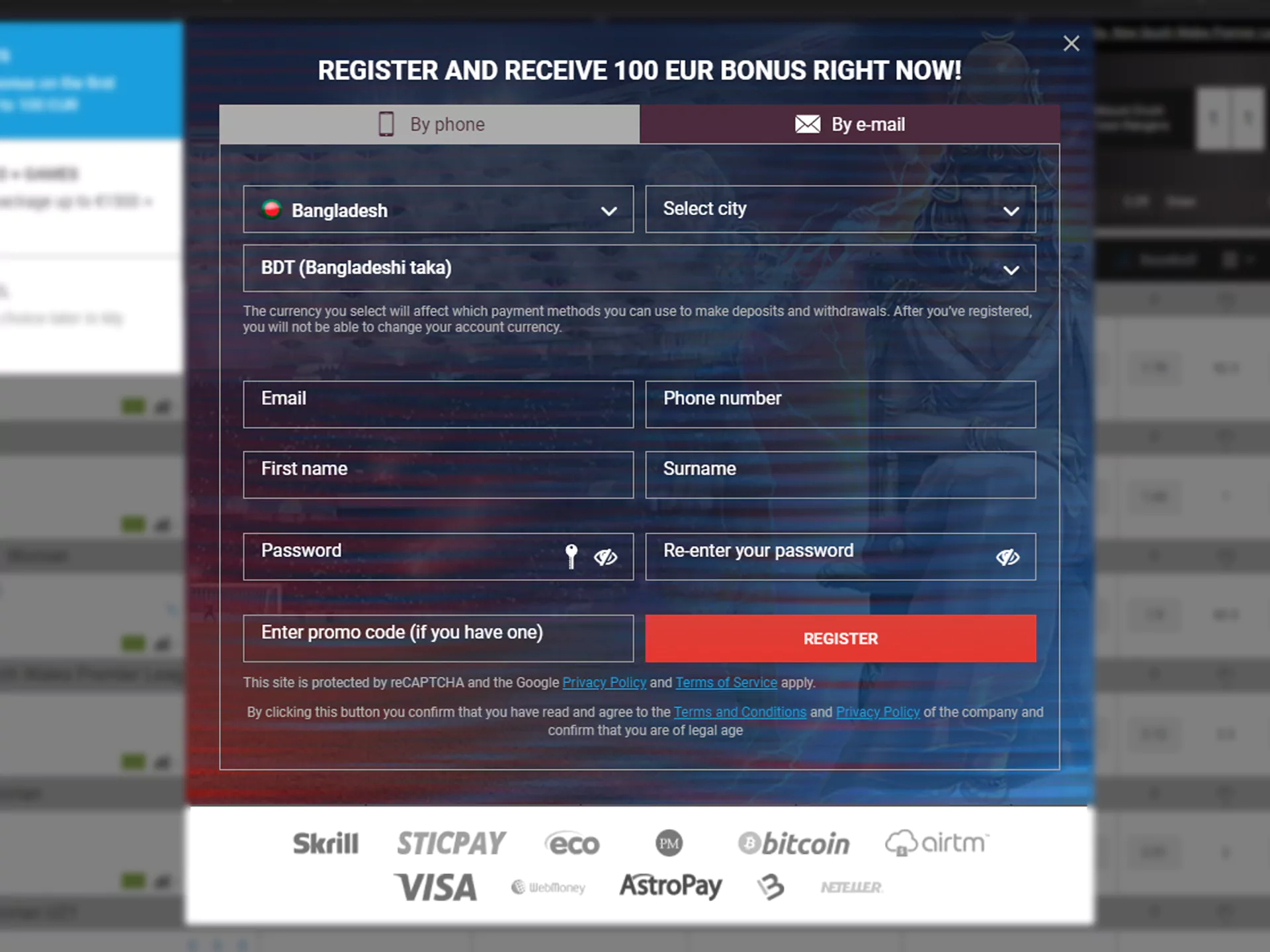 Open the registration form by clicking on top button.