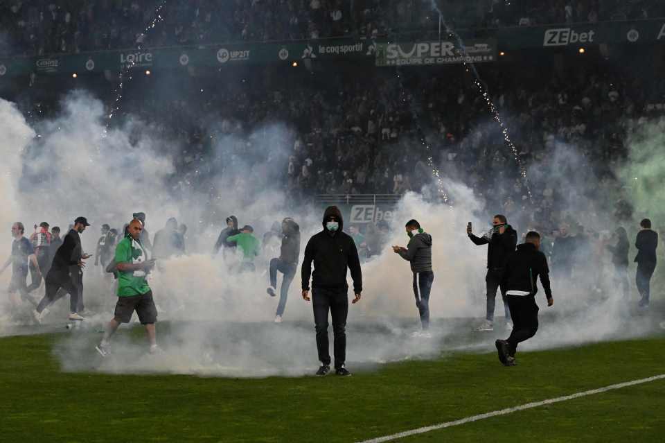 Chaos ensued after St Etienne lost their place in Ligue 1 after a penalty shoot-out defeat to Auxerre