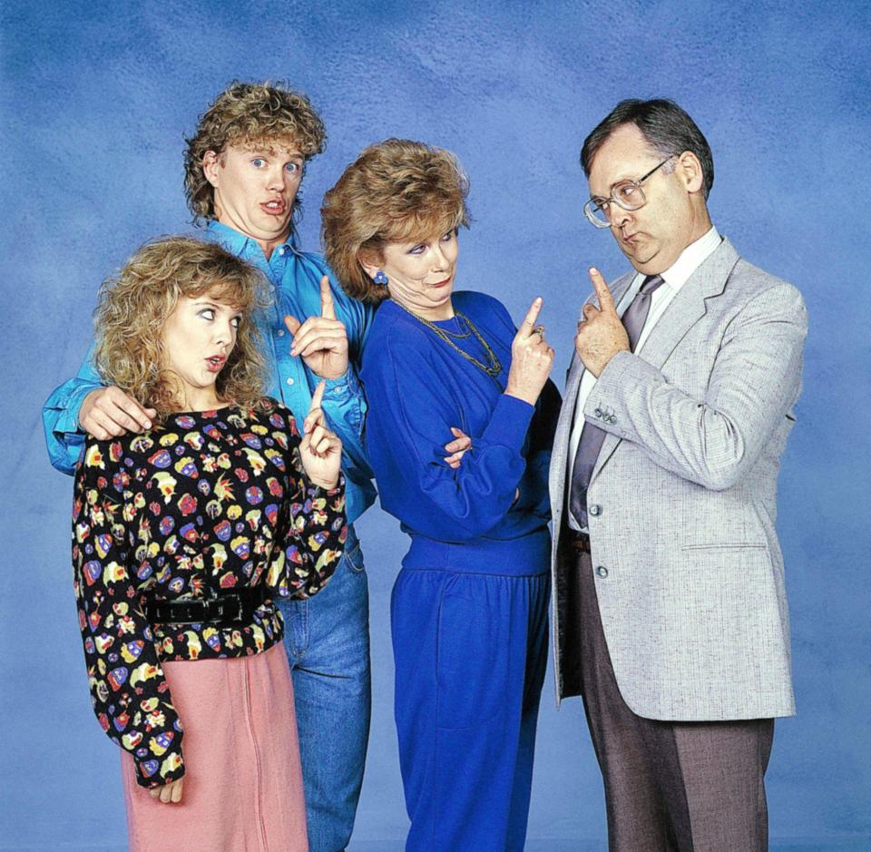 Kylie left as Charlene with Henry, Madge and Harold in the 1980s