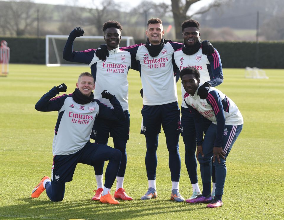 (L-R) Oleksandr Zinchenko, Bukayo Saka, Granit Xhaka. Thomas Partey and Amario Cozier-Duberry at Arsenal training on Friday