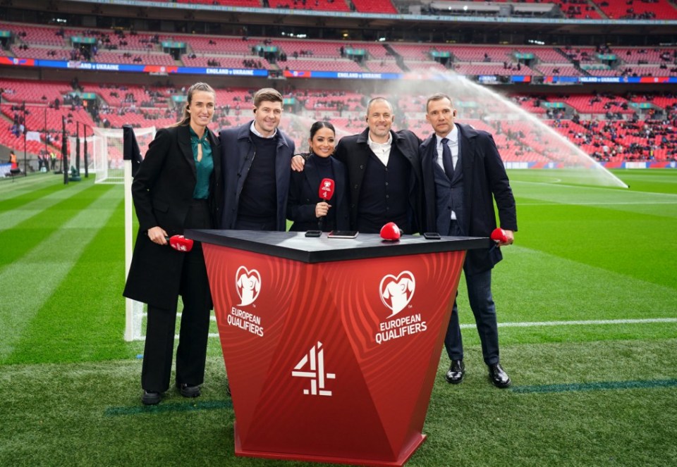 Channel 4 Sport pundits Jill Scott, Steven Gerrard, Jules Breach, Joe Cole and Andriy Shevchenko (left-right) ahead of the UEFA Euro 2024 Group C qualifying match at Wembley Stadium, London. Picture date: Sunday March 26, 2023. PA Photo. See PA story SOCCER England. Photo credit should read: Zac Goodwin/PA Wire. RESTRICTIONS: Use subject to FA restrictions. Editorial use only. Commercial use only with prior written consent of the FA. No editing except cropping.