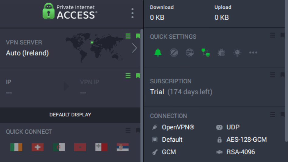 Private Internet Access VPN client interface showing connection details and settings.