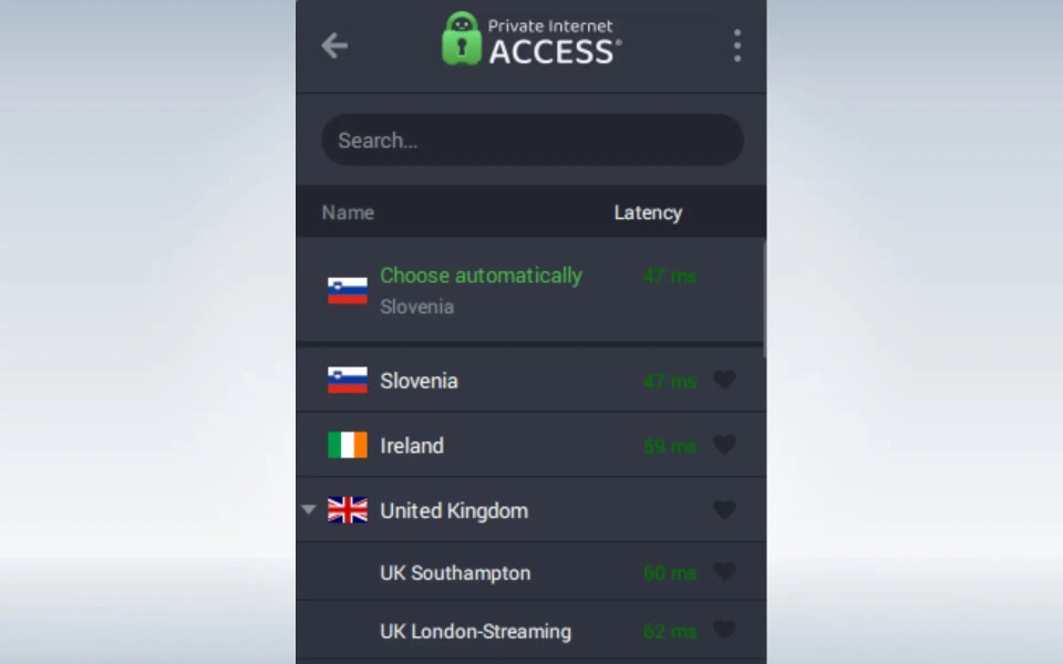 Private Internet Access server list with latency information.