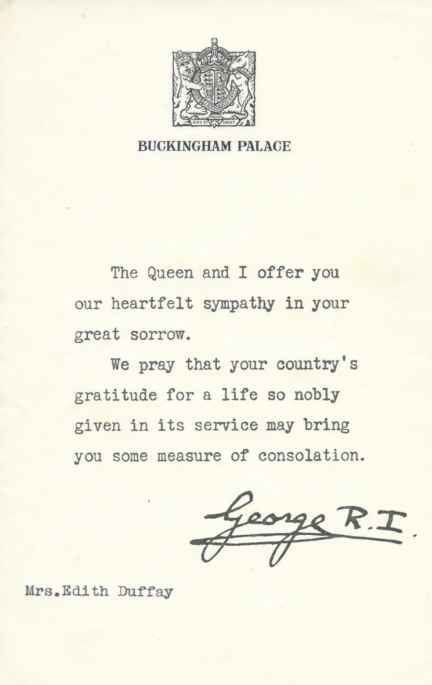 The letter of condolence families received from King George VI