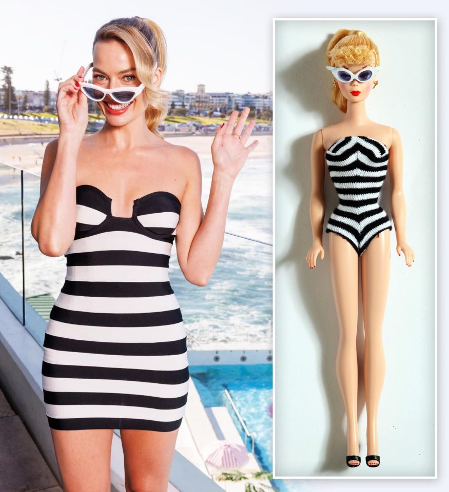In 1959, Barbie wore a monochrome striped swimsuit with white sunglasses, which Margot recreated during her promo tour Down Under.