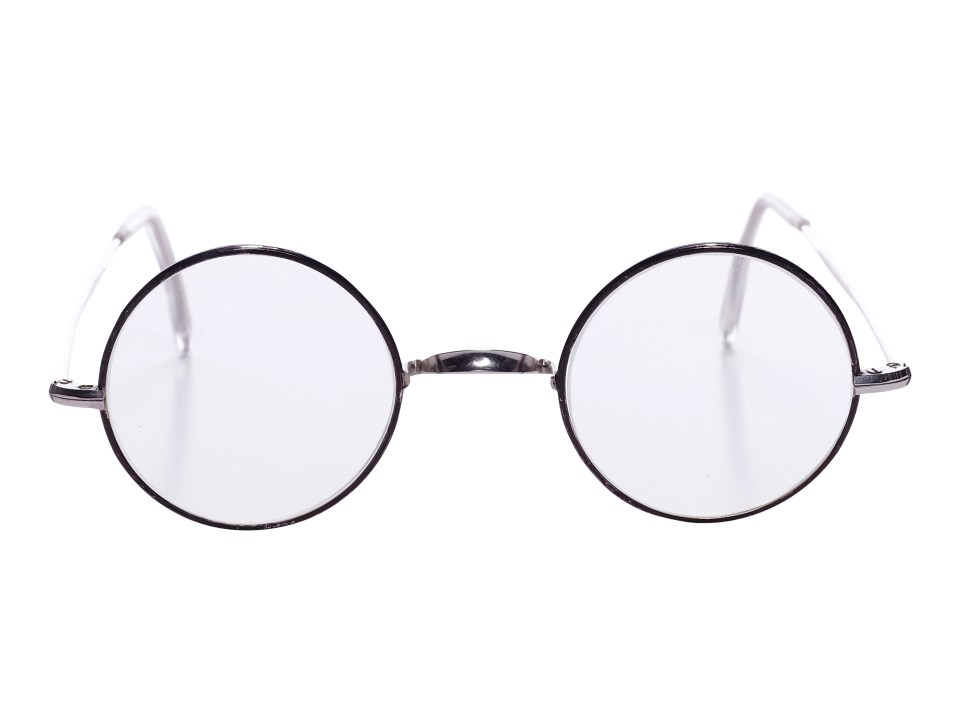 The purchase included the trademark circular glasses