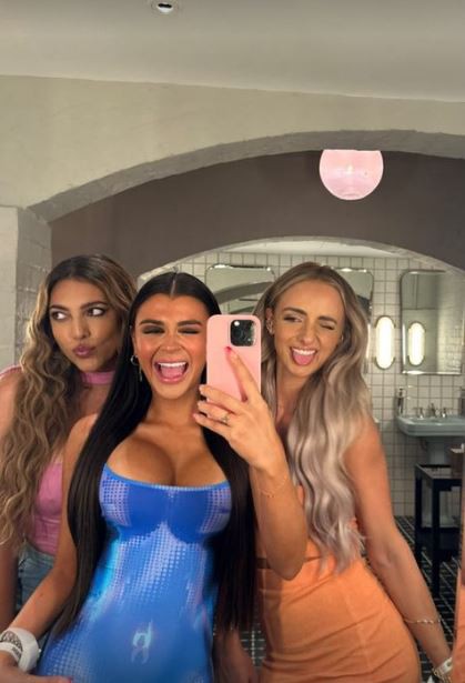 Love Island star Mal Nicol nearly bursts out of blue dress on night out with co-stars, , ,