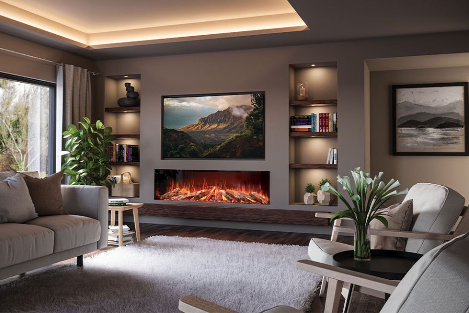Living room with electric fireplace and built-in shelving.