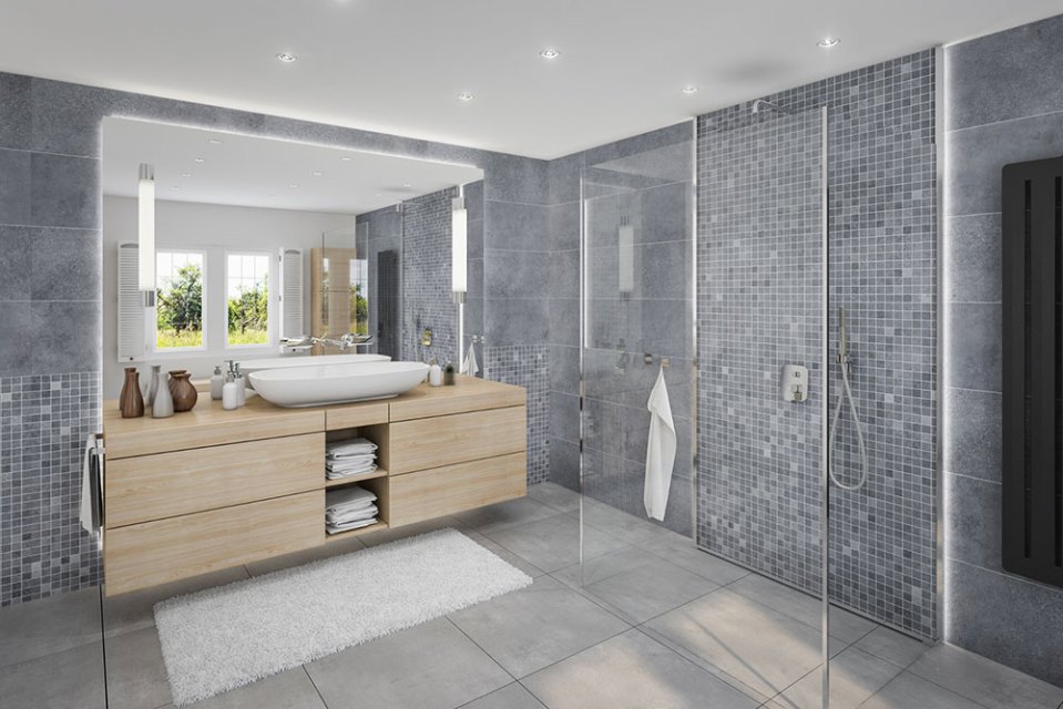 Modern bathroom with a large walk-in shower and a floating vanity.