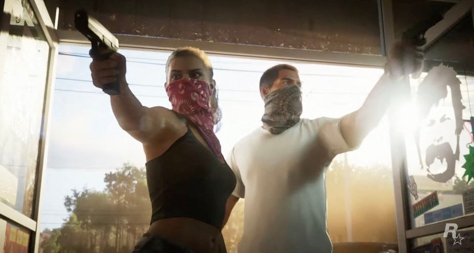 Video game trailer still image of Grand Theft Auto VI showing two characters aiming guns.