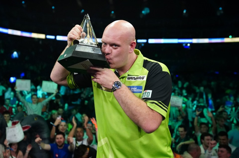 Michael van Gerwen celebrates winning the Cazoo Premier League at The O2, London. Picture date: Thursday May 25, 2023. PA Photo. See PA Story DARTS London. Photo credit should read: Zac Goodwin/PA Wire. RESTRICTIONS: Use subject to restrictions. Editorial use only, no commercial use without prior consent from rights holder.