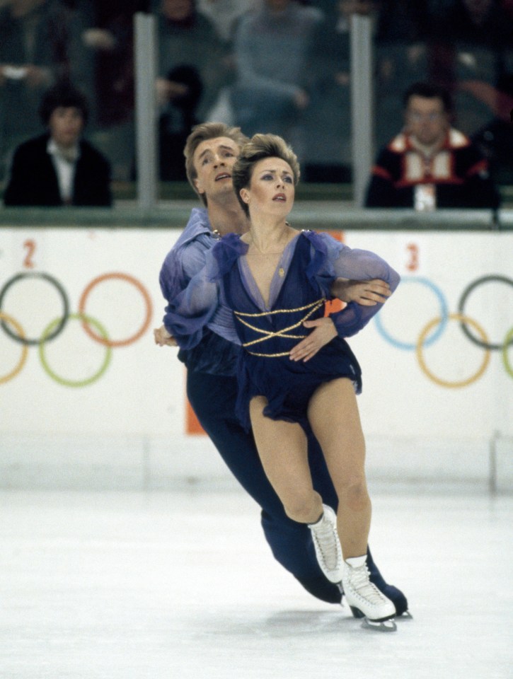 Jayne Torvill and Christopher Dean ice dancing at the Winter Olympics.