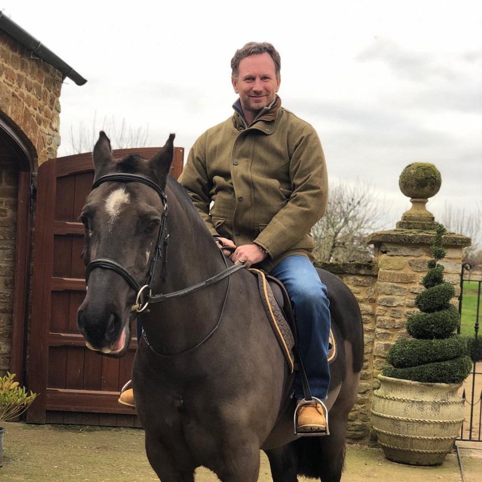 Christian looks ever the English gentleman as he sits atop his horse in a tweed jacket