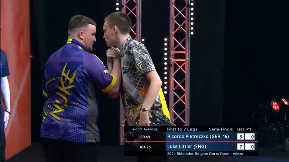 Two darts players shaking hands after a match.