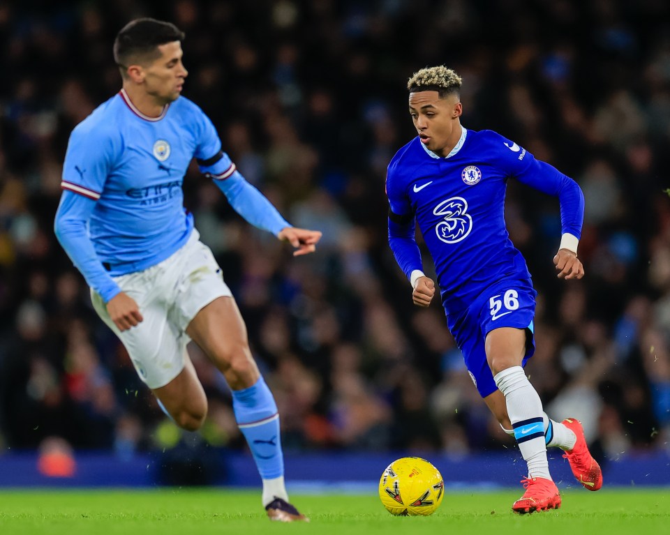 Omari Giraud-Hutchinson #56 of Chelsea on the ball during the Emirates FA Cup Third Round match Manchester City vs Chelsea at Etihad Stadium, Manchester, United Kingdom, 8th January 2023 (Photo by Conor Molloy/News Images)