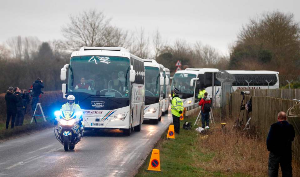 A convoy of coaches  on January 31, 2020 carrying Brits evacuated from Wuhan