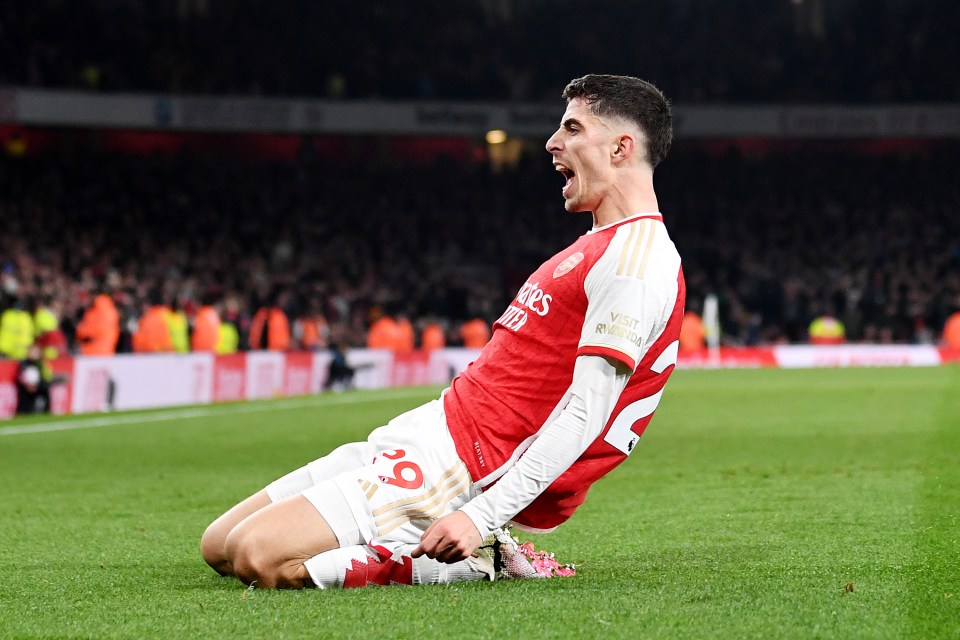Havertz celebrates his bullet header to put Arsenal 2-1 up