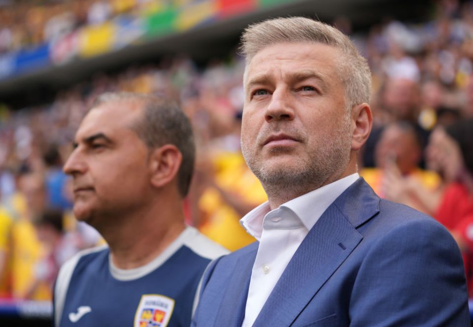 MUNICH, GERMANY - JUNE 17: Head coach of Romania, Edward Iordanescu is seen during national anthem ceremony ahead of the 2024 European Football Championship (EURO 2024) Group E football match between Romania and Ukraine at Allianz Arena in Munich, Germany on June 17, 2024. (Photo by Mahmut Serdar Alakus/Anadolu via Getty Images)