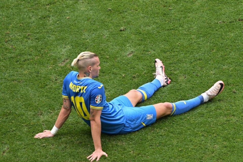Ukraine's forward #10 Mykhailo Mudryk reacts after the UEFA Euro 2024 Group E football match between Romania and Ukraine at the Munich Football Arena in Munich on June 17, 2024. (Photo by DAMIEN MEYER / AFP) (Photo by DAMIEN MEYER/AFP via Getty Images)