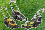 Collage of three lawnmowers.