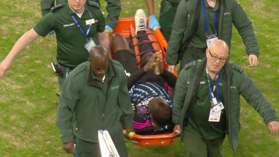 Bolt was carried off on a stretcher after an injury at Soccer Aid