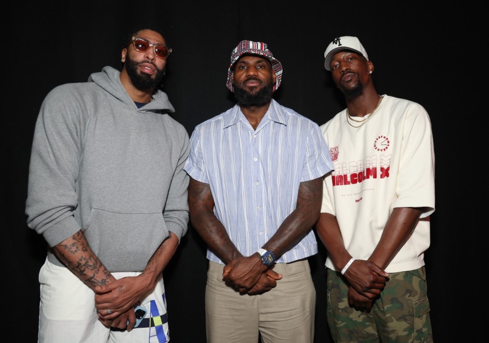 LONDON, ENGLAND - JULY 18: Anthony Davis, LeBron James and Bam Adebayo are seen backstage at the UK Launch of 'Gin & Juice By Dre and Snoop' at Flipper's Roller Boogie Palace on July 18, 2024 in London, England. (Photo by Kevin Mazur/Getty Images for Flipper's)