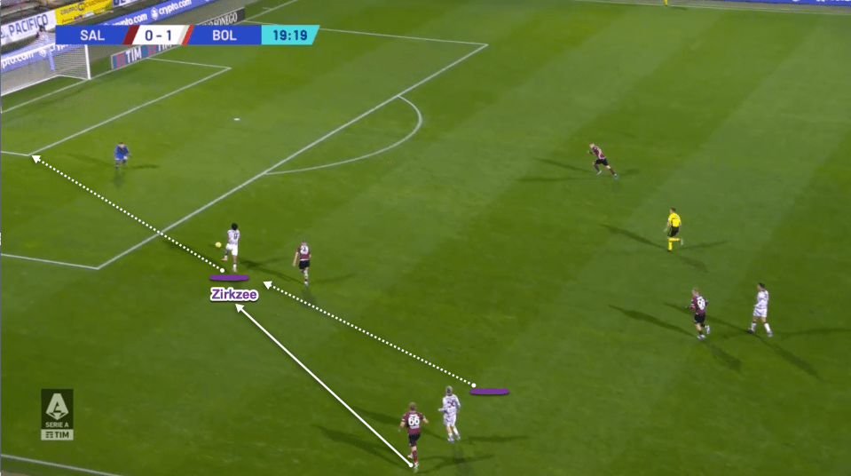 Here Zirkzee gets the ball before rounding the goalkeeper and scoring