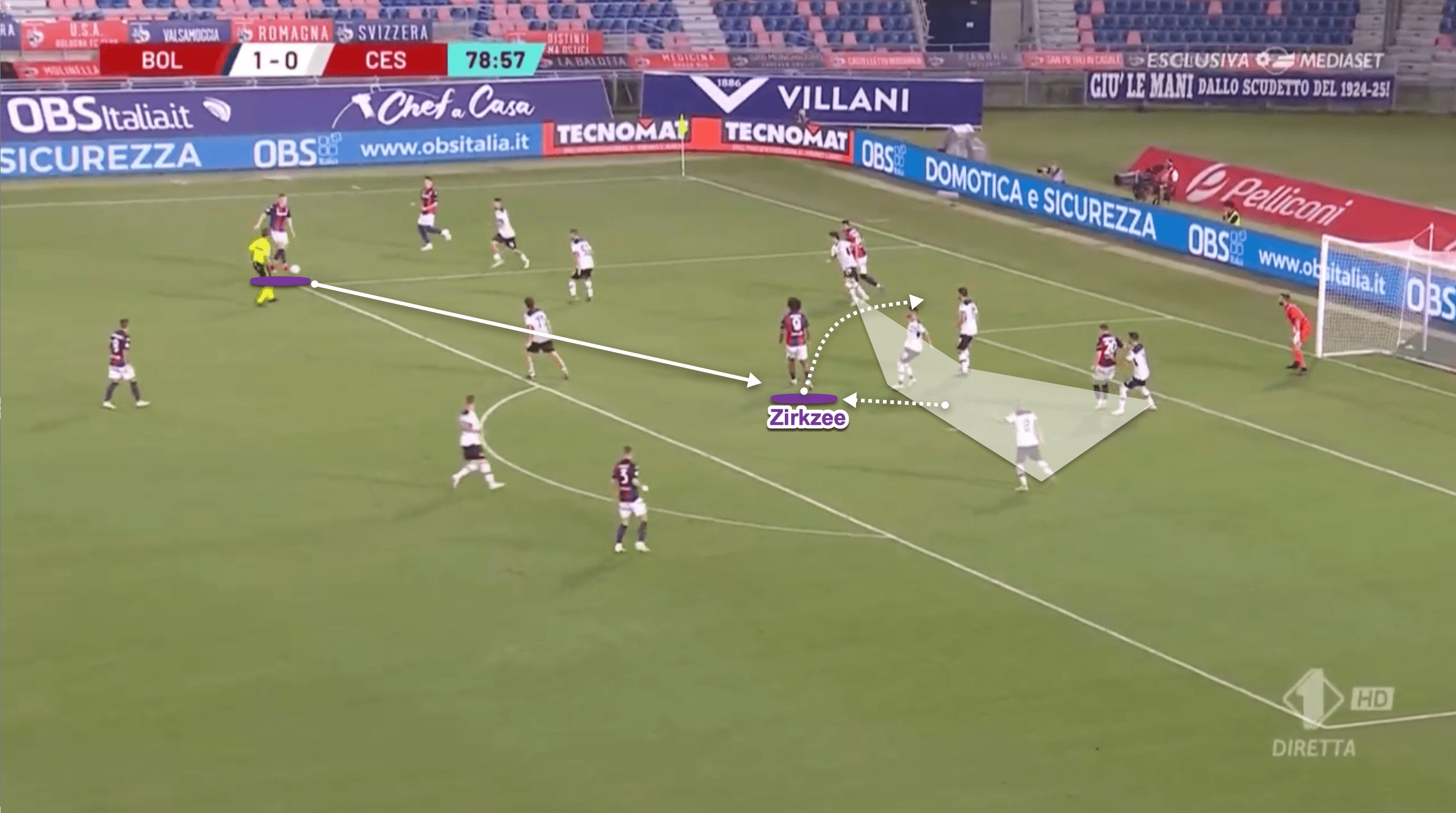 Here as Zirkzee receives the pass he spins into space and then finishes low and past the goalkeeper