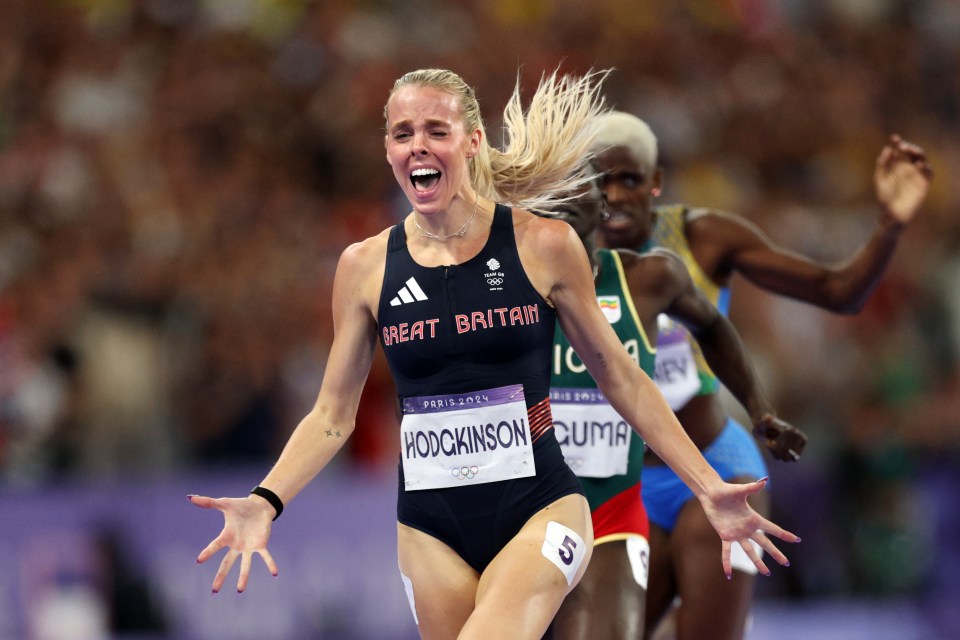 Keely Hodgkinson of Great Britain celebrates winning gold in the women's 800m final.
