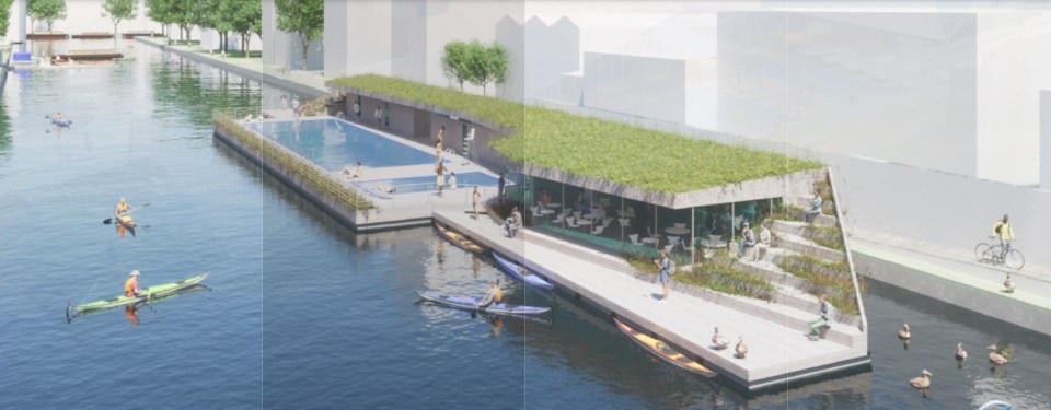 an artist 's impression of a river with boats and people