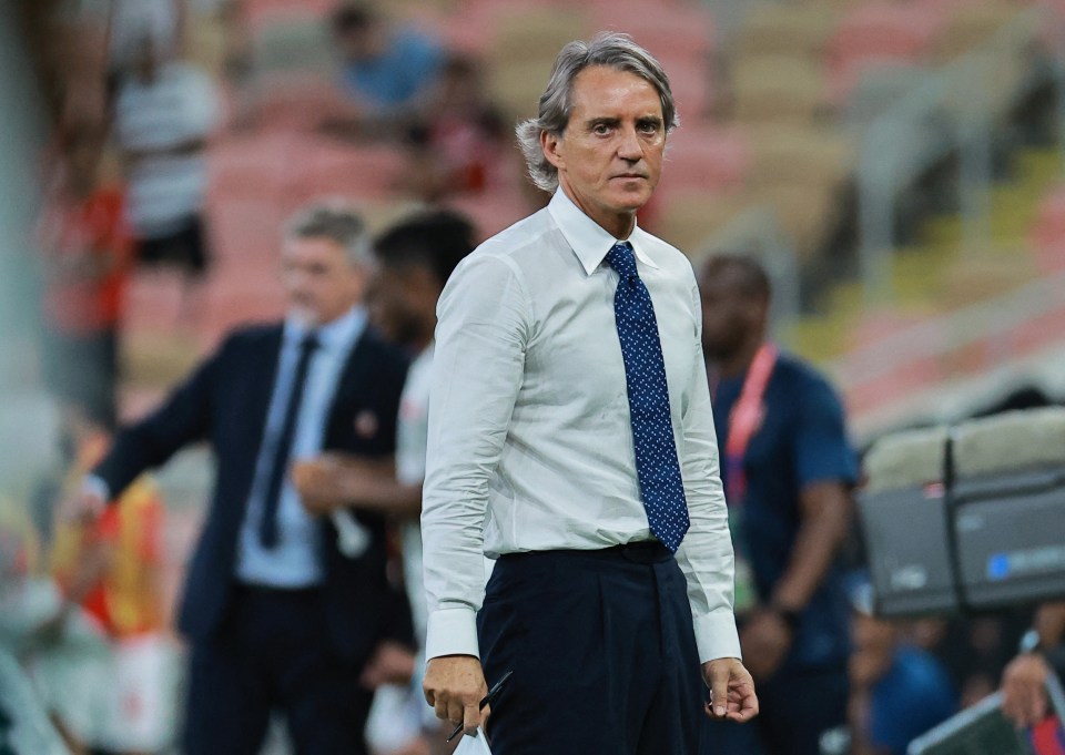 a man in a white shirt and tie stands in a stadium