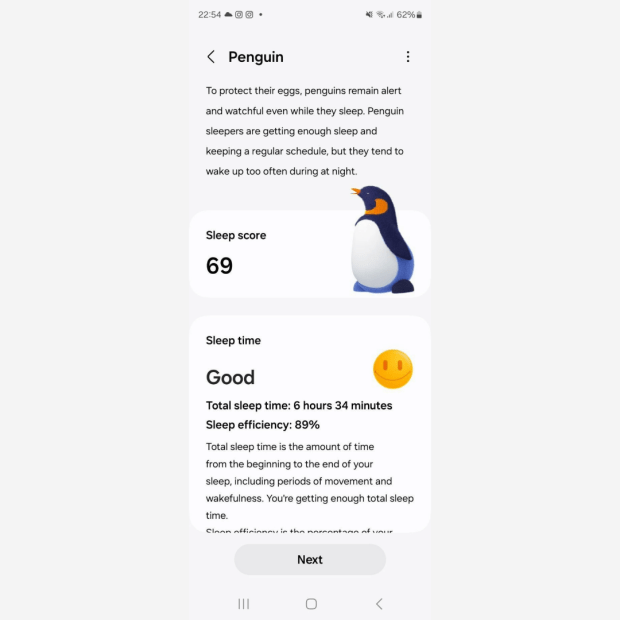 a phone screen shows a penguin with a sleep score of 69