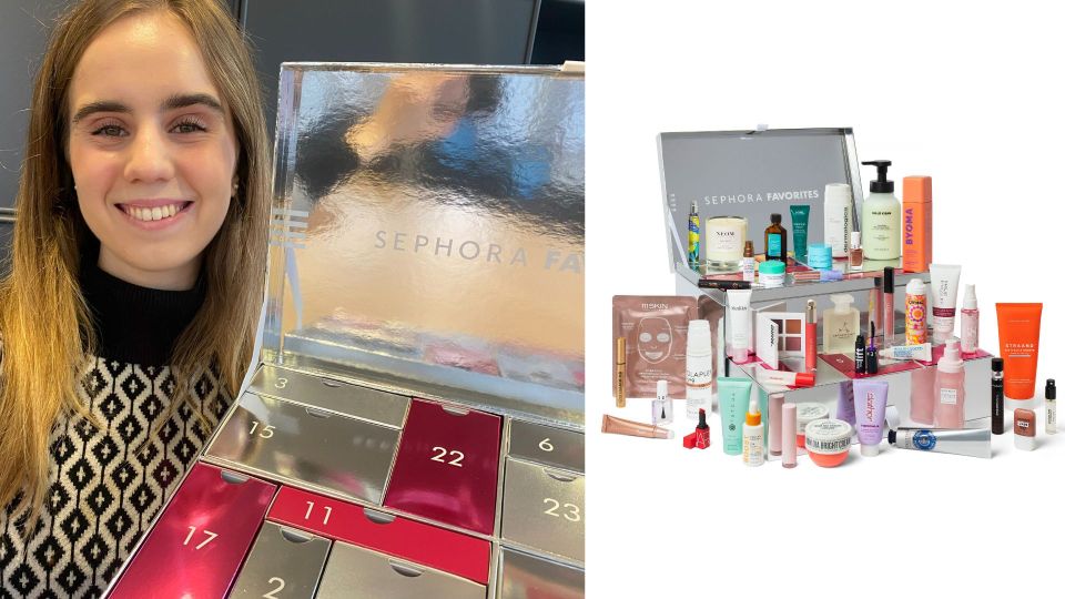 a woman stands next to a sephora favorites box