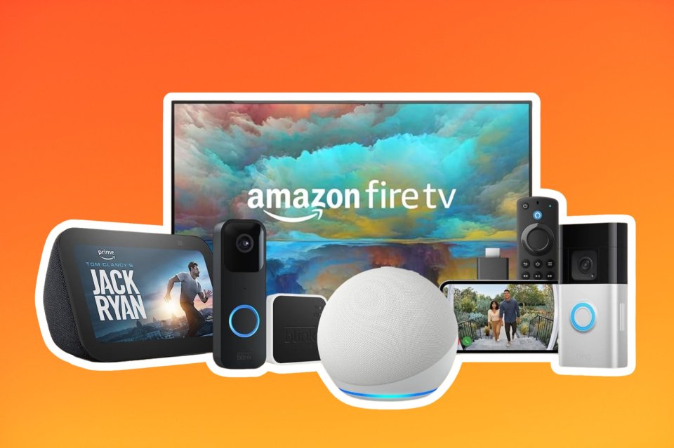 an amazon fire tv surrounded by various smart devices
