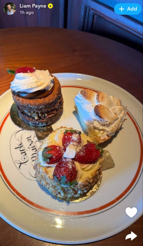 a screenshot of liam payne 's snapchat shows a plate of desserts