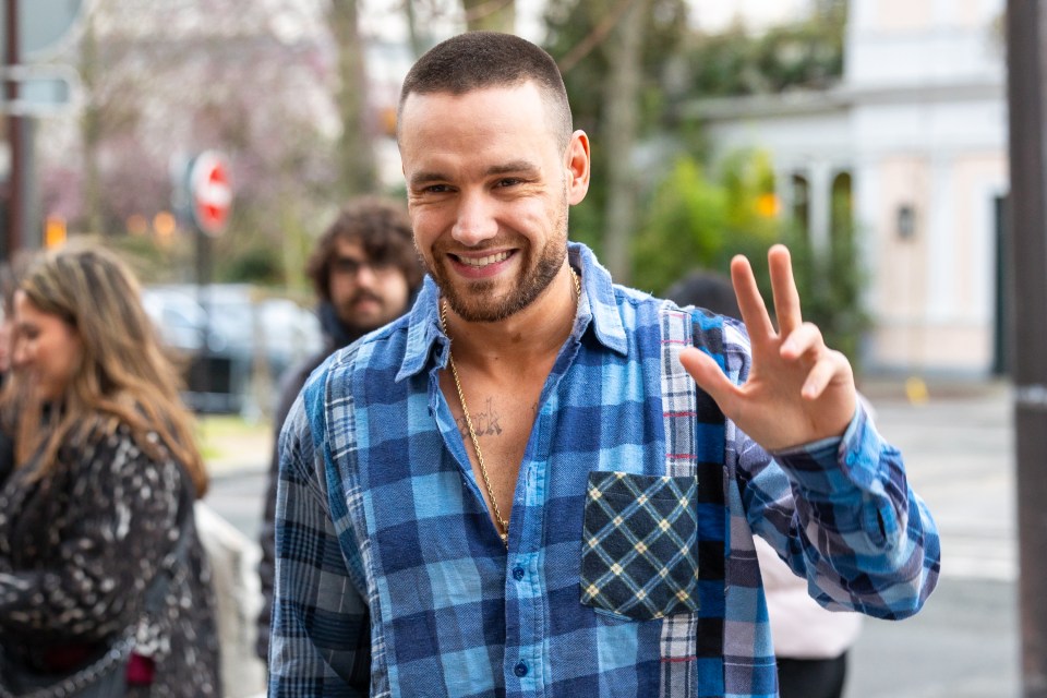 a man wearing a blue plaid shirt giving a peace sign