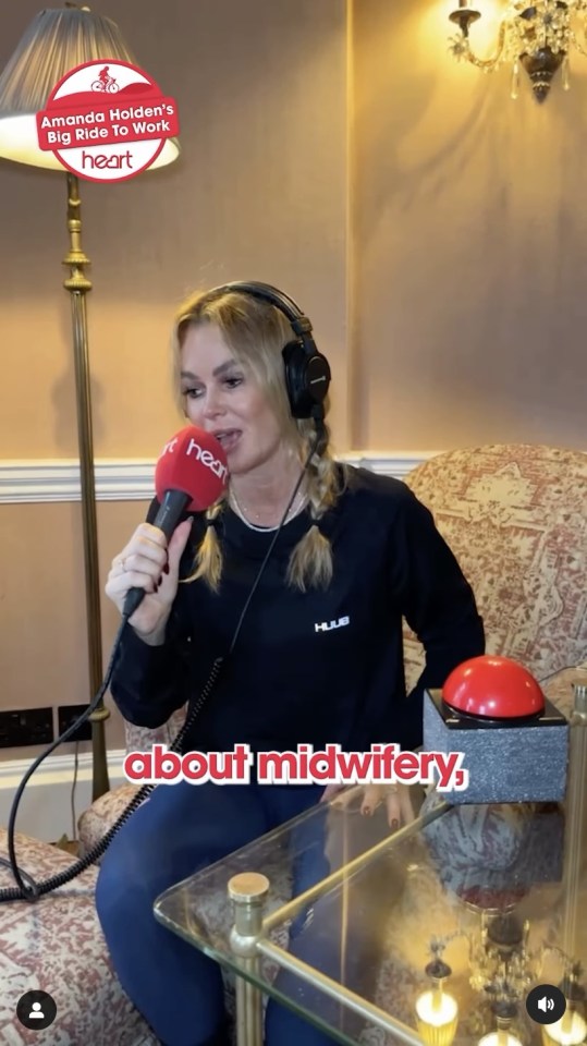 a woman wearing headphones holds a microphone in front of a sign that says about midwifery