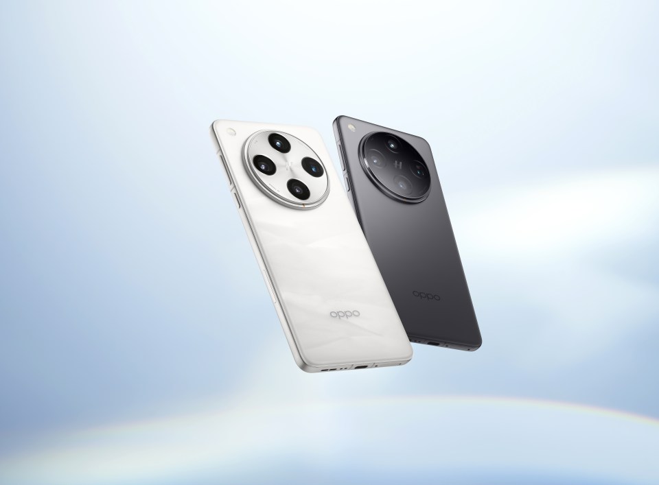 a white and a black oppo phone are floating in the air