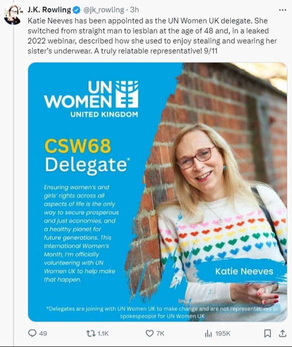 J.K. Rowling's tweet criticizing Katie Neeves, a UN Women UK delegate.
